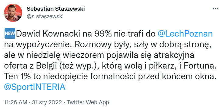 ZWROT AKCJI W SPRAWIE KOWNACKIEGO! Wypożyczenie, ale NIE DO LECHA!